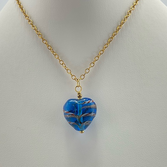Blue Lamp Work Heart Pendant Necklace, Artisan Lamp Work Heart, Murano Italy - Picture 6 of 10
